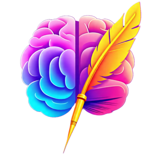 A clean and contemporary logo design showcasing a brain from the side. The brain's silhouette is made up of smooth, curved edges and overlapping geometric shapes, giving it a simplified yet recognizable appearance. The brain segments use a gradient palette transitioning from vibrant magenta to deep azure blue, with a subtle 3D effect and soft shading to create depth. A sleek golden yellow quill pen is integrated seamlessly next to the brain design, extending diagonally from the front-bottom to the back-top of the brain. The pen has a simplified feather shape at the top and a sharp nib at the bottom, matching the stylized look of the brain. The logo is set against a pure white background. The style is modern, bold, and slightly abstract. The emotion conveyed is creative, energetic, and dynamic.